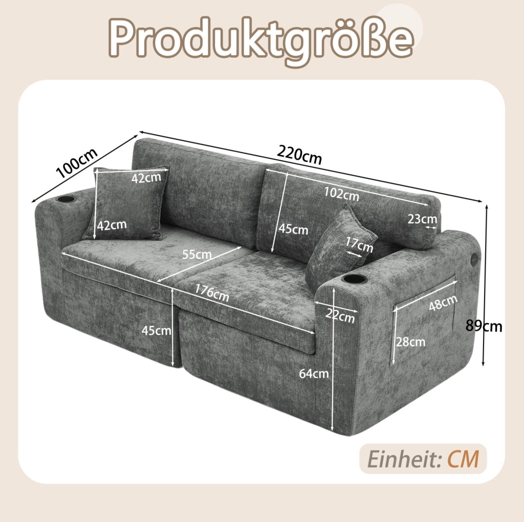 Divano relax 2 posti in chenille grigio con USB; tasche laterali; portabicchieri e cuscini