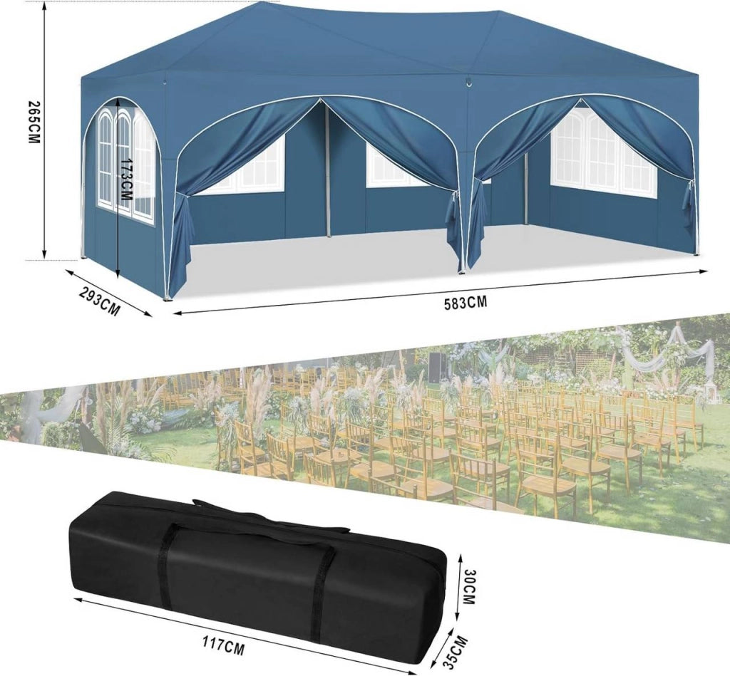 Gazebo 3x6 m, con 6 pareti laterali, tenda per feste, idrorepellente, blu
