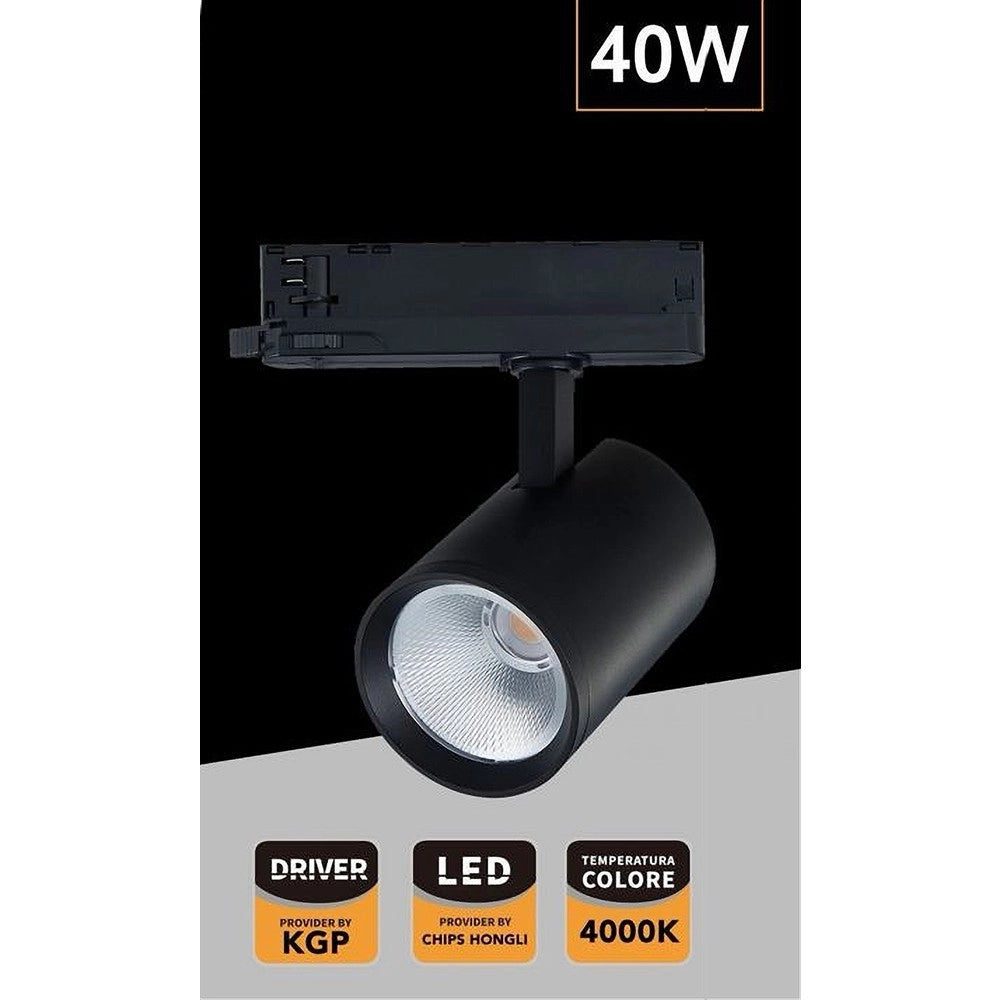 Trade Shop - Faretto Led 40 W Per Binario Track Trifase Faro Luce Naturale 4000k Ip20 Pt4-40w - Nero