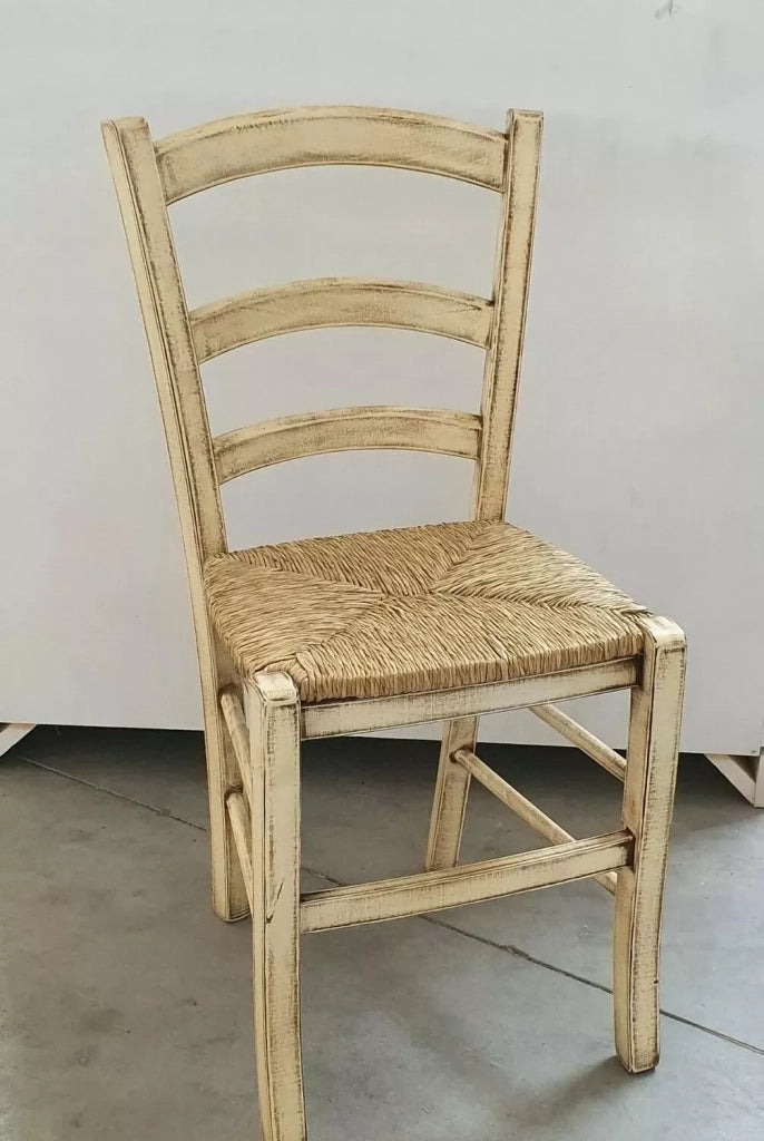 Set 2 sedie legno shabby avorio consumato seduta paglia 43x46x89 - Mobili 2G
