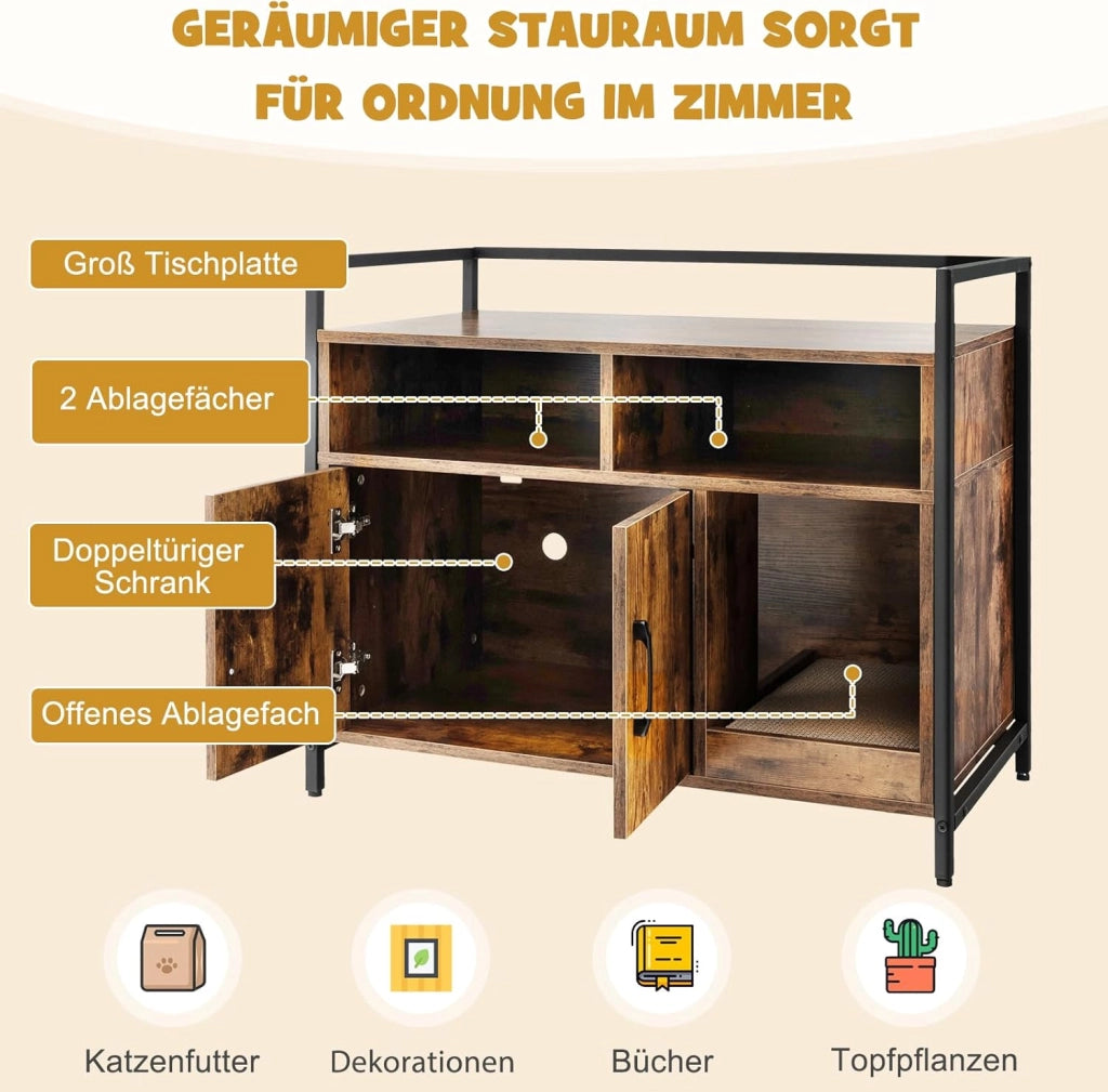 Mobile Lettiera per Gatti con 3 Ripiani Aperti e 2 Ante, Armadietto per Gatto in Legno, Grotta Rifugio con Grattatoio in Cartone Multiuso per Ingresso e Soggiorno (Marrone, 89 x 45 x 74,5 cm)