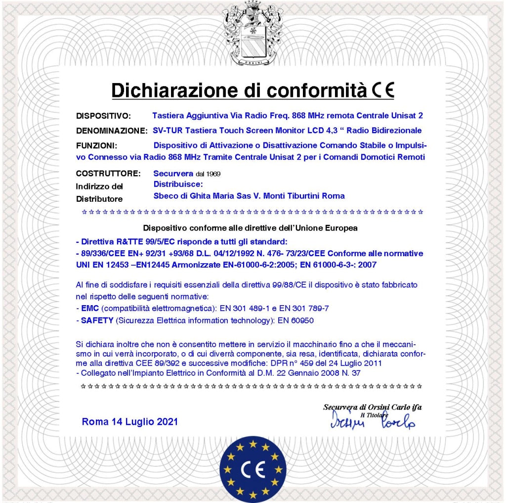 Tastiera Radio Frequenza 868 MHz Bidirezionale Monitor Touch Screen LCD 4,3 Pollici a Colori Optional Per la Centrale Unisat Max 8 Stesse Icone e Gestione Delle APP Comandi Domotica Fissaggio a Parete