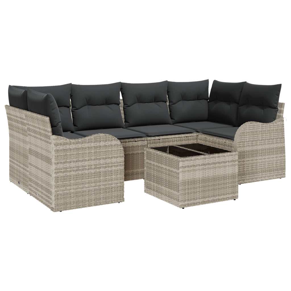 Set Divano da Giardino a 7 Pezzi con Cuscini Grigio Chiaro Polirattan