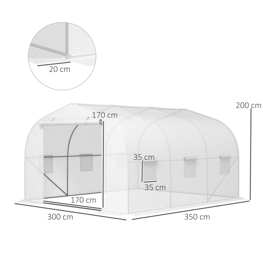 Serra a Tunnel per Giardino con 6 Finestre e Porta a Rullo, in Acciaio e PE, 3.5x3x2 m, Bianco