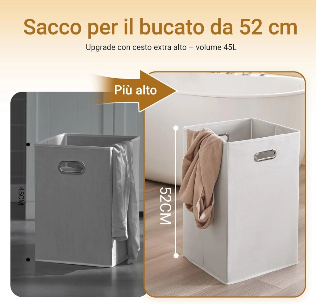 Mobile Bagno Salvaspazio Alto con Cesto Portabiancheria 45L – Colonna Bagno Stretto 40x38x180cm con Cassetto in MDF, Ripiano Aperto e Anta Mobiletto per Lavanderia o WC BZR216-W