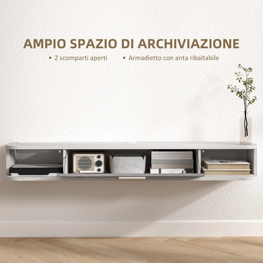 Mobile TV Sospeso con Ripiani Aperti e Armadietto ¨C Zephmum ¨C Bianco Grigio Legno 120x26x16 cm