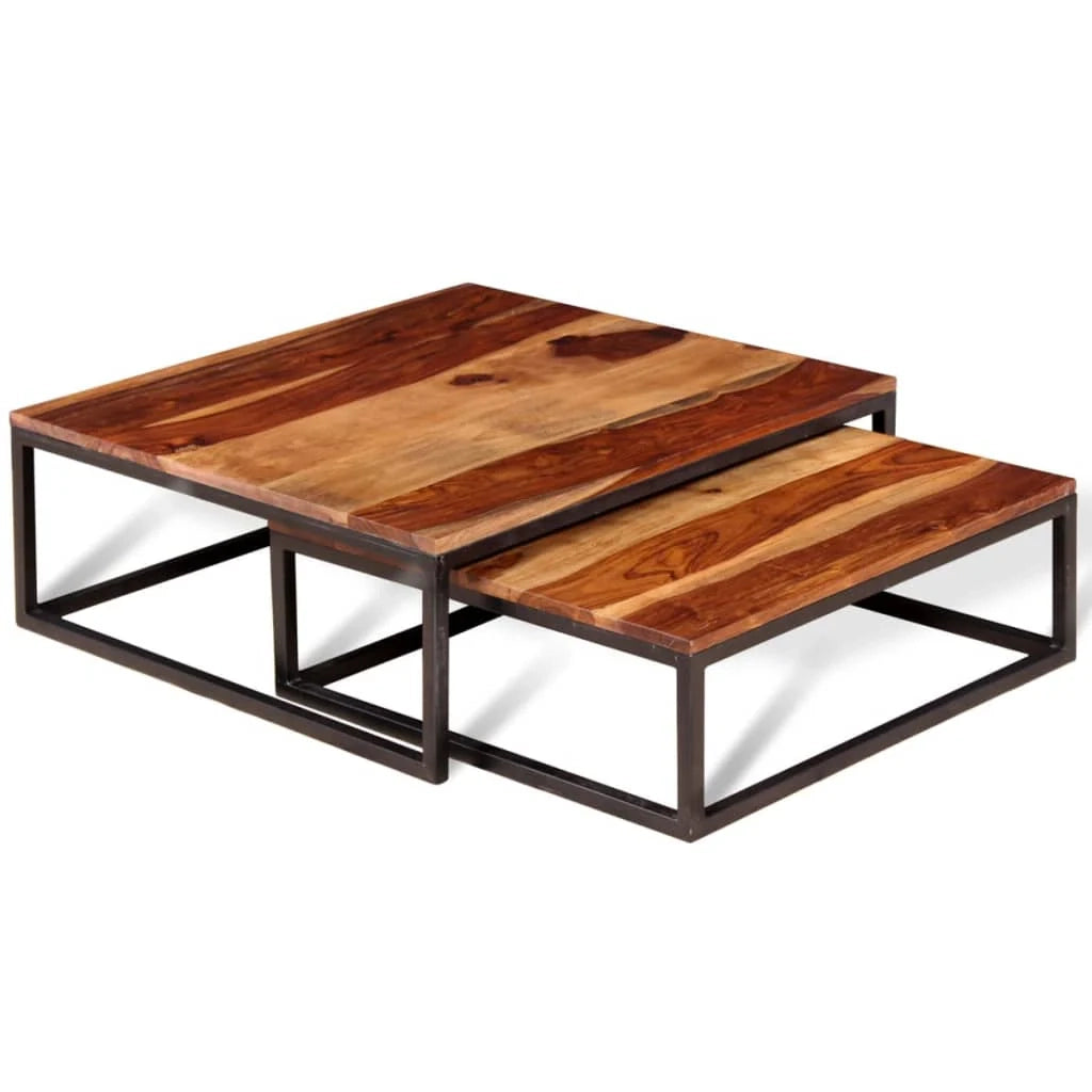 Set di 2 tavolini da caffè impilabili legno massello marrone 02_0042112