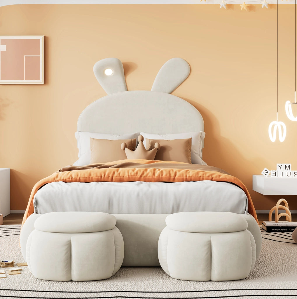 Letto singolo imbottito con orecchie di coniglio e LED 90x200 cm