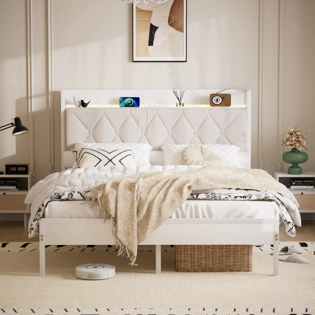 LETTO imbottito 140x190 cm bianco con testiera LED e USB