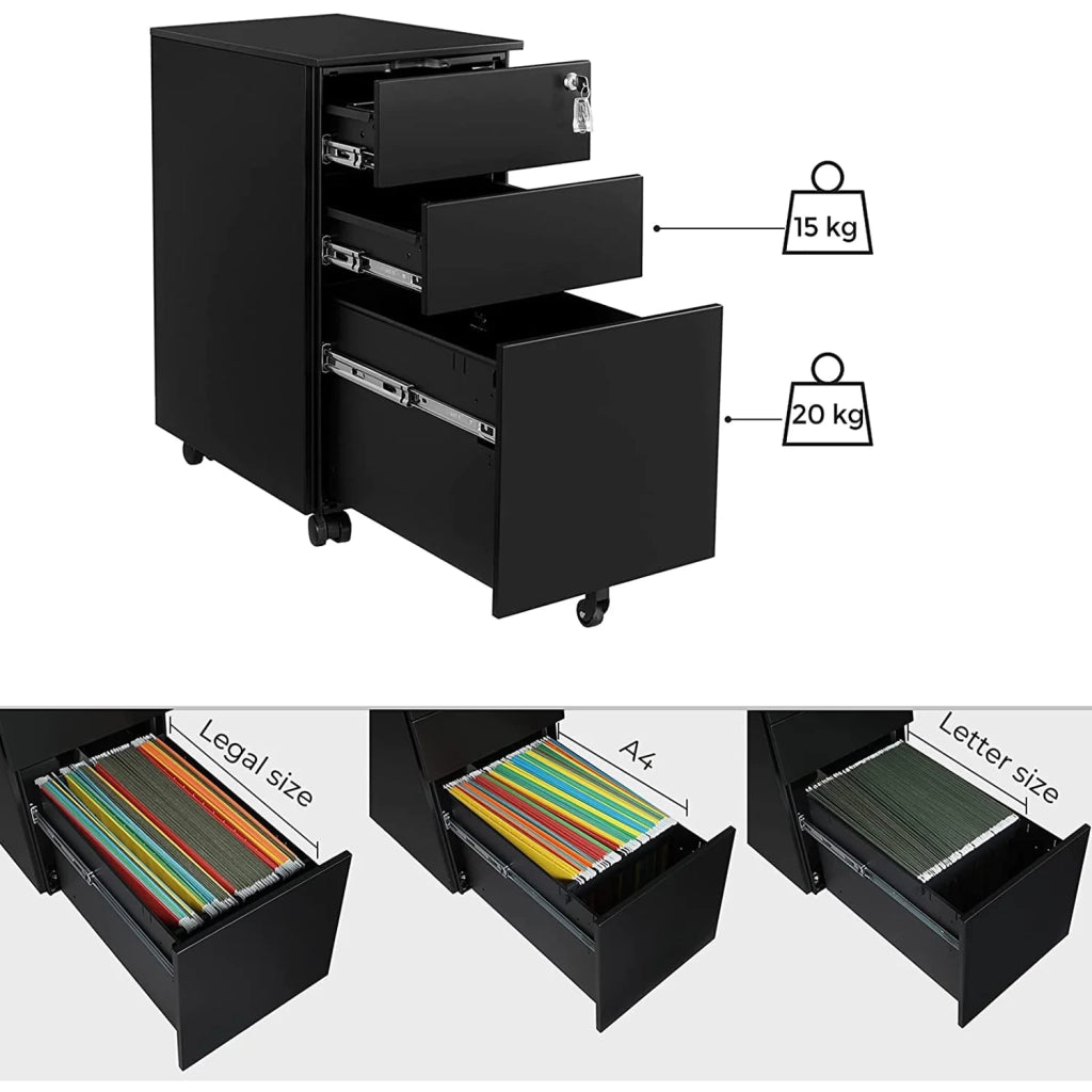 Cassettiera per ufficio su ruote con 3 cassetti e schedario sospeso 30 x 45 x 60 cm armadio per ufficio con serratura per archivi e documenti corpo dell'armadio preassemblato nero 12_0004808