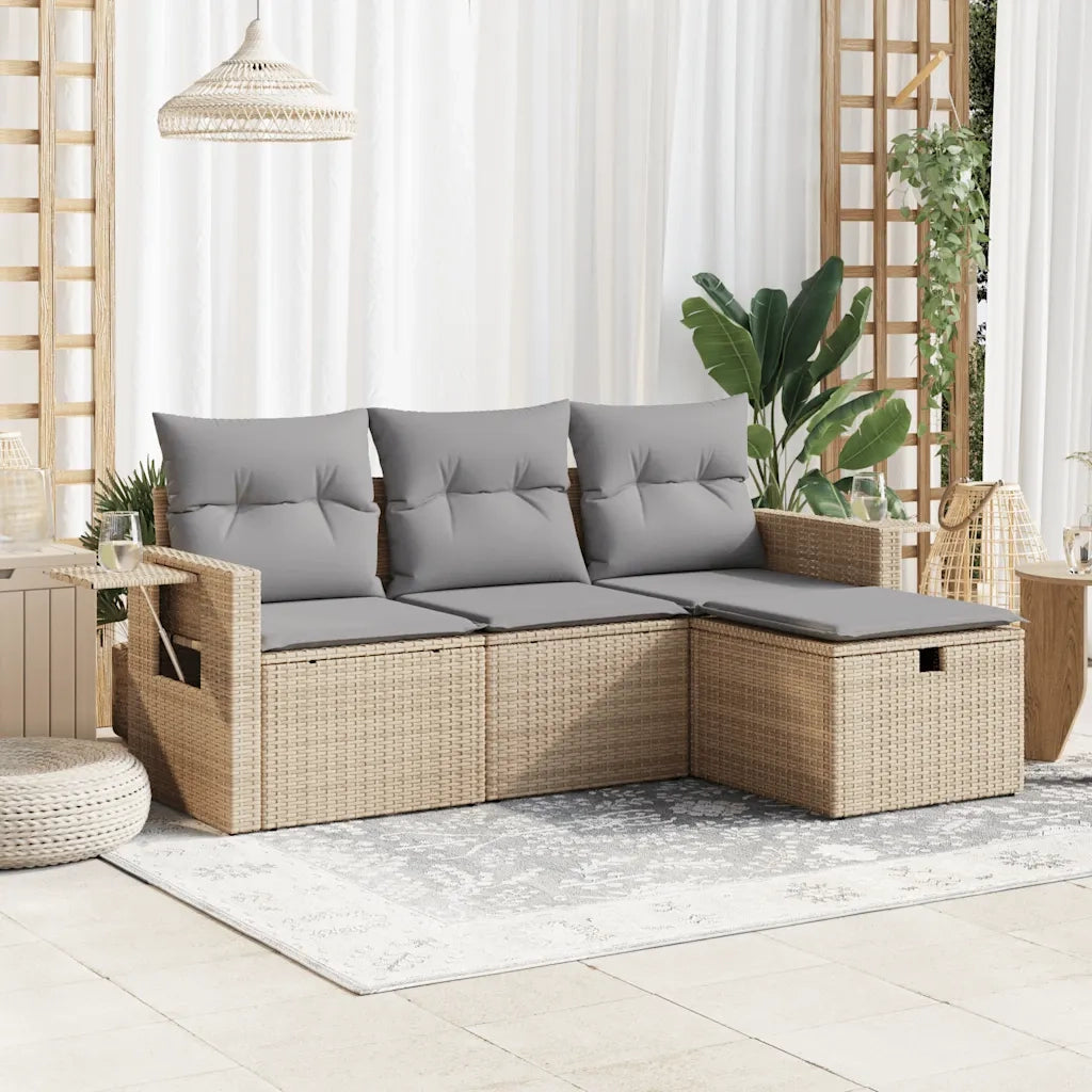 Set Divano da Giardino 4 pz | Set Salotto da Giardino con Cuscini Beige in Polyrattan