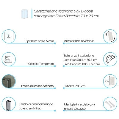 Box doccia angolare 70x90 cm con porta battente in cristallo trasparente Ted