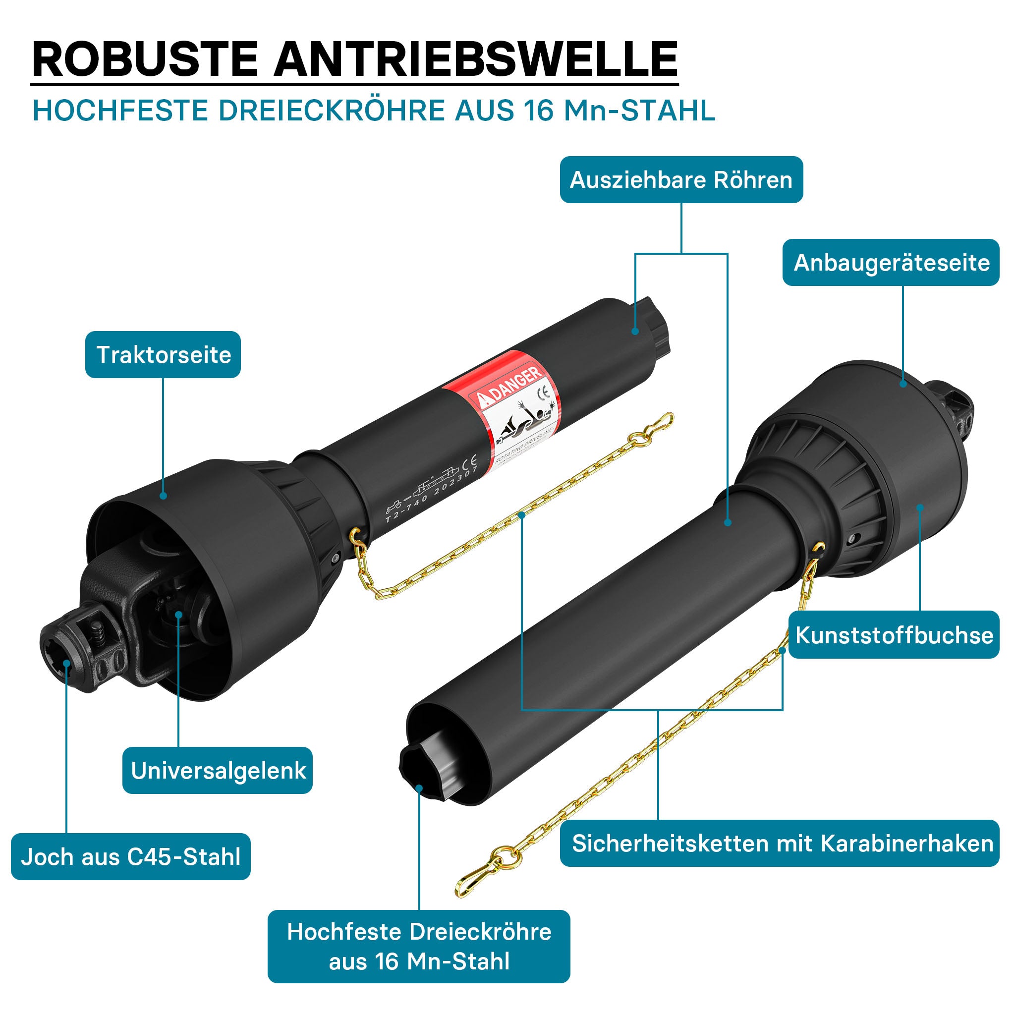 Albero cardanico T2 giunto 740mm 270Nm 540rpm, 23kW (31CV), 2x 1 3/8" 6 denti Cardano agricolo