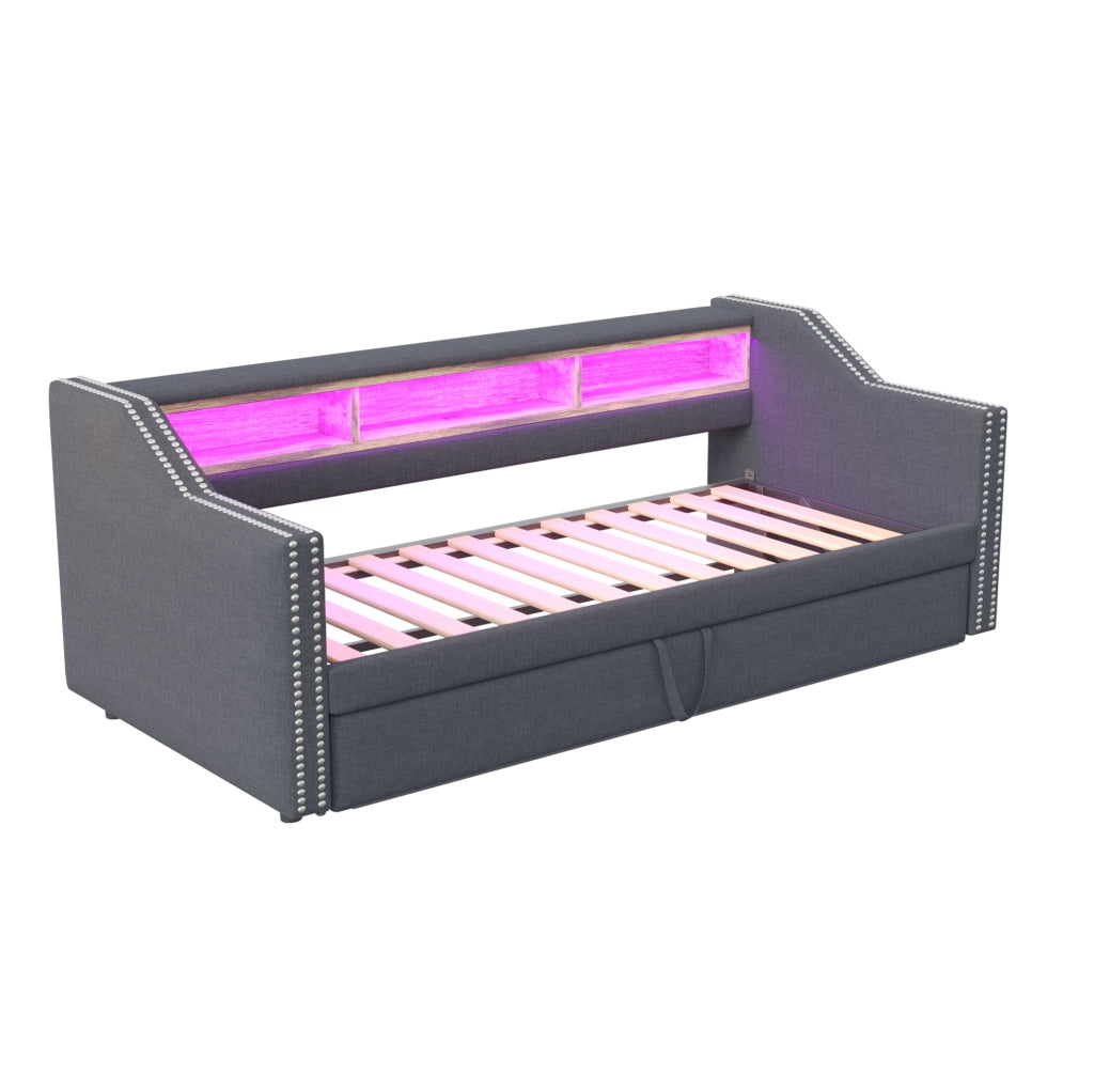 Divano letto imbottito estraibile 90/180 x 190 cm in tessuto tipo lino; grigio scuro; con LED e USB