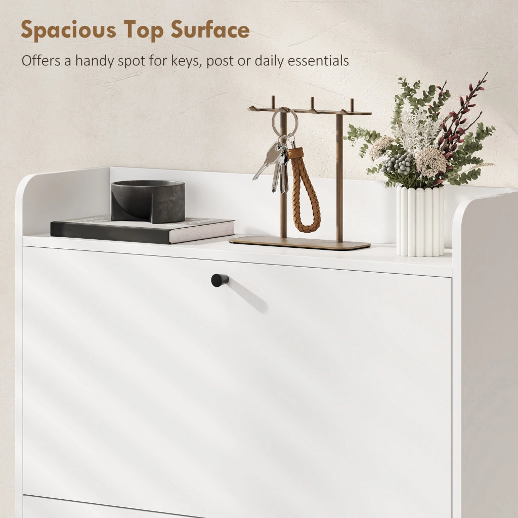 Mobile Scarpiera Slim 80x24x101 cm con 2 Cassetti a Ribalta e Ripiani Regolabili in Legno e Metallo Bianco