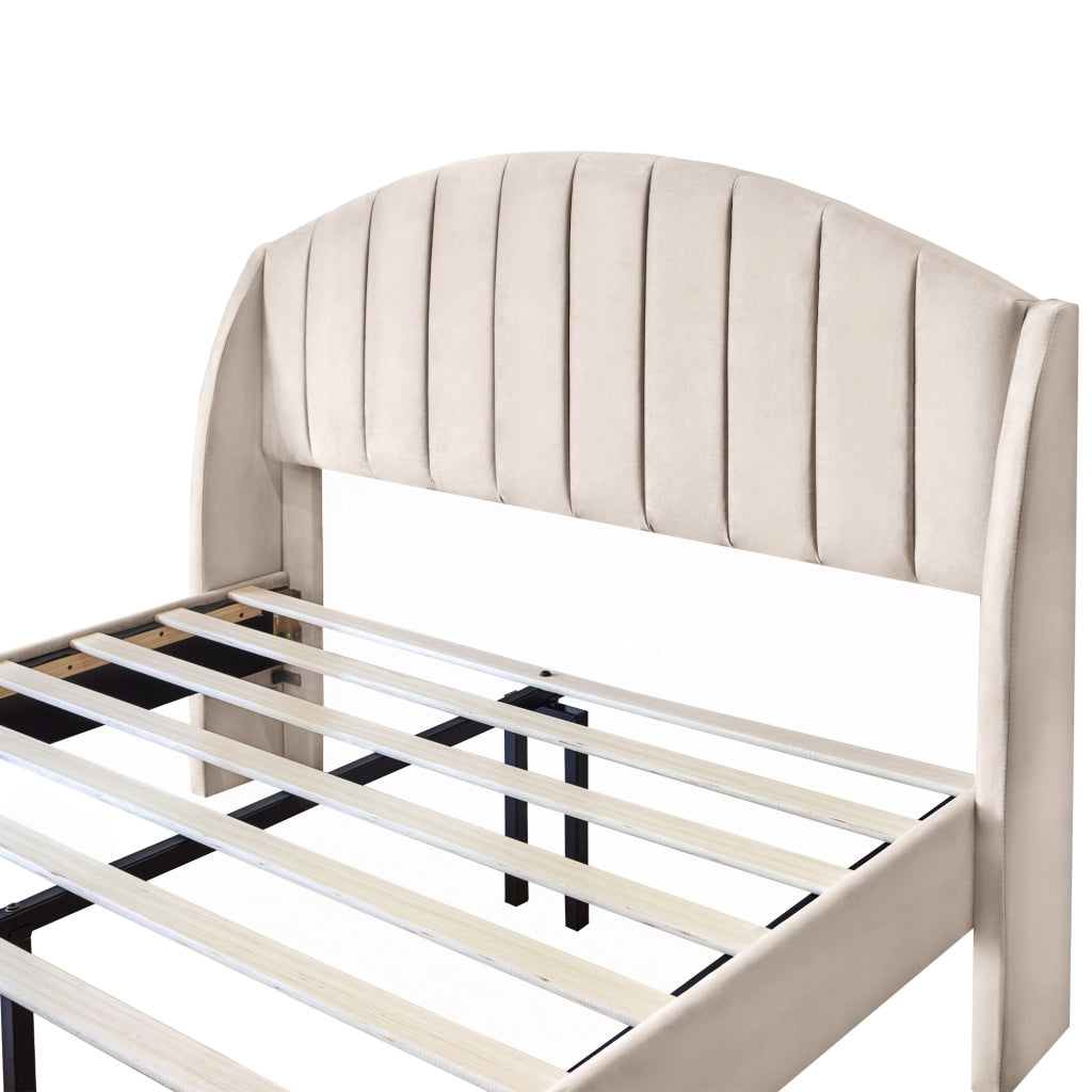 Letto Adulto 140×200 cm; Letto Matrimoniale con Testiera Imbottita; senza Materasso; in Velluto; Beige