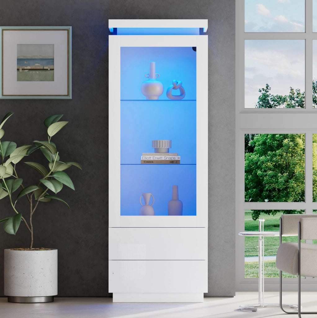 Vetrina alta bianca lucida con LED, 2 cassetti e anta trasparente, 60×40×171 cm