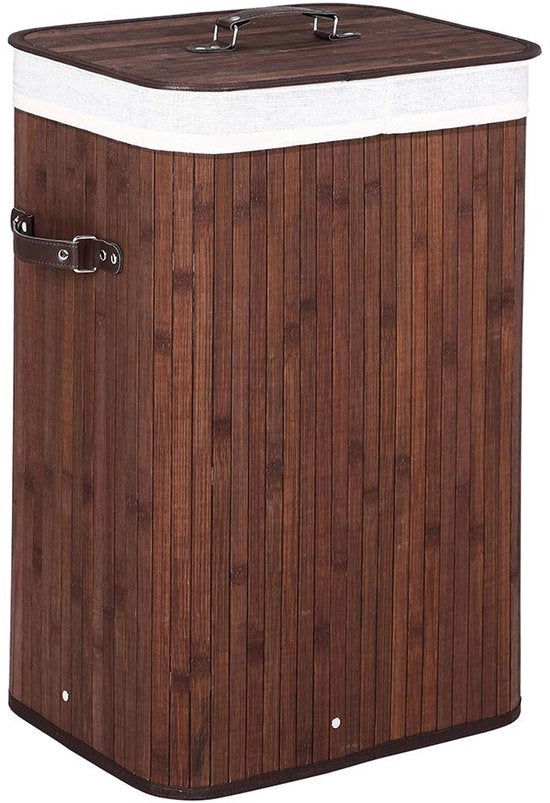 Contenitore di stoccaggio in bambù e stoffa, pieghevole, spazievitore, con coperchio e maniglie, capacità 70 litri, dimensioni 40 x 30 x 60 cm (marrone)