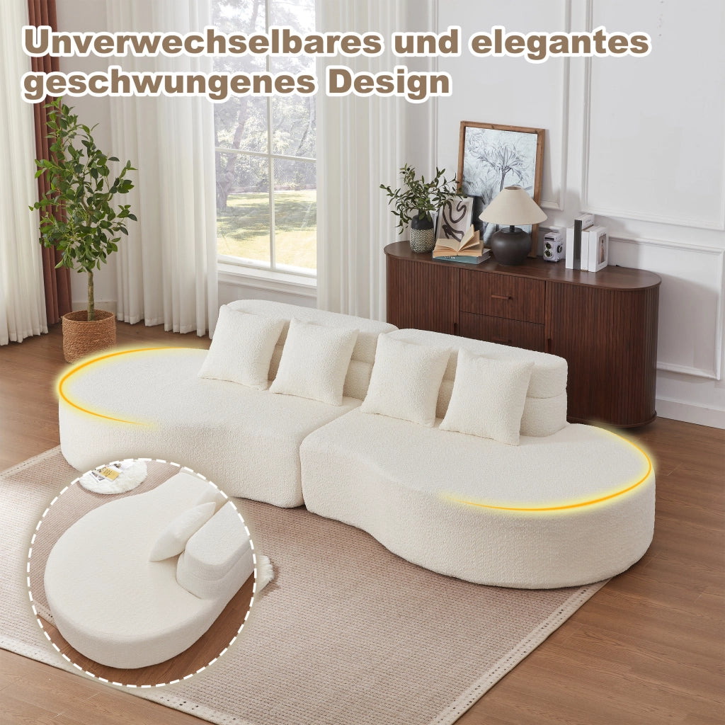 Divano modulare a 2 pezzi in schiuma con schienale a strati e design curvo, in ciniglia beige