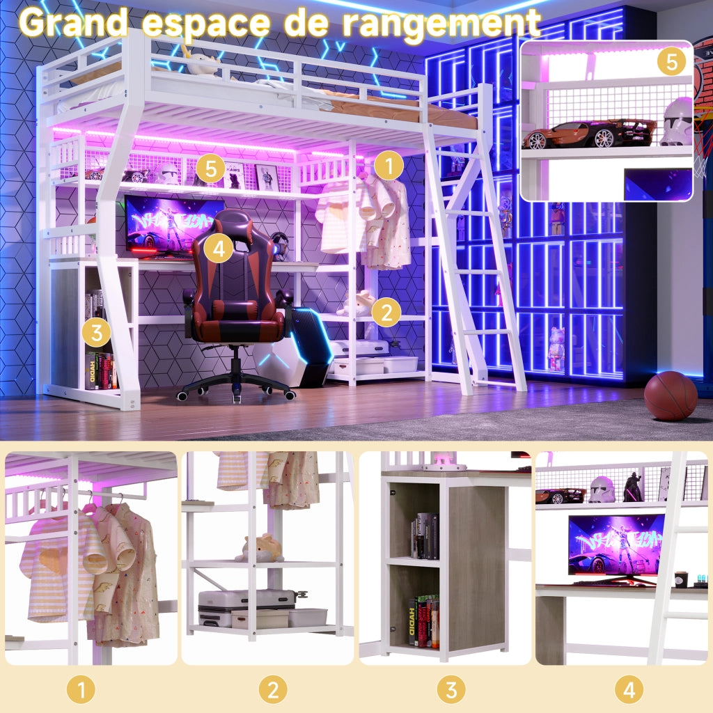 Letto a castello con scrivania a LED 90x200 cm realizzato in MDF bianco e metallo