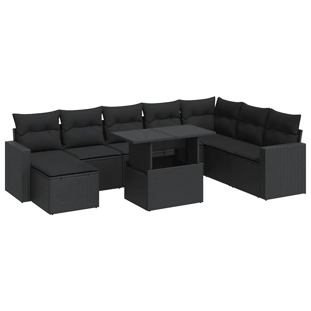 Set Divani da Giardino 9 pz con Cuscini Nero in Polyrattan