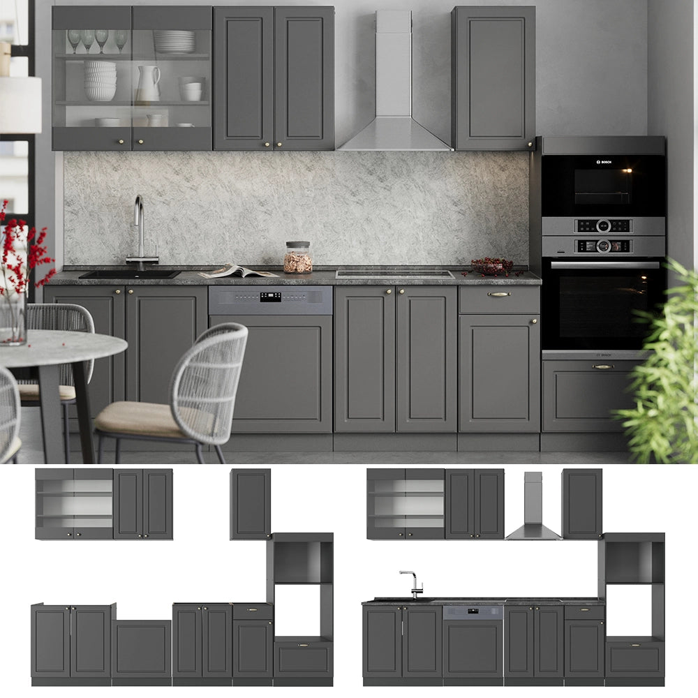 Vicco Cucina componibile Landhaus antrazit-oro 300 cm con armadio alto, PL Marmo