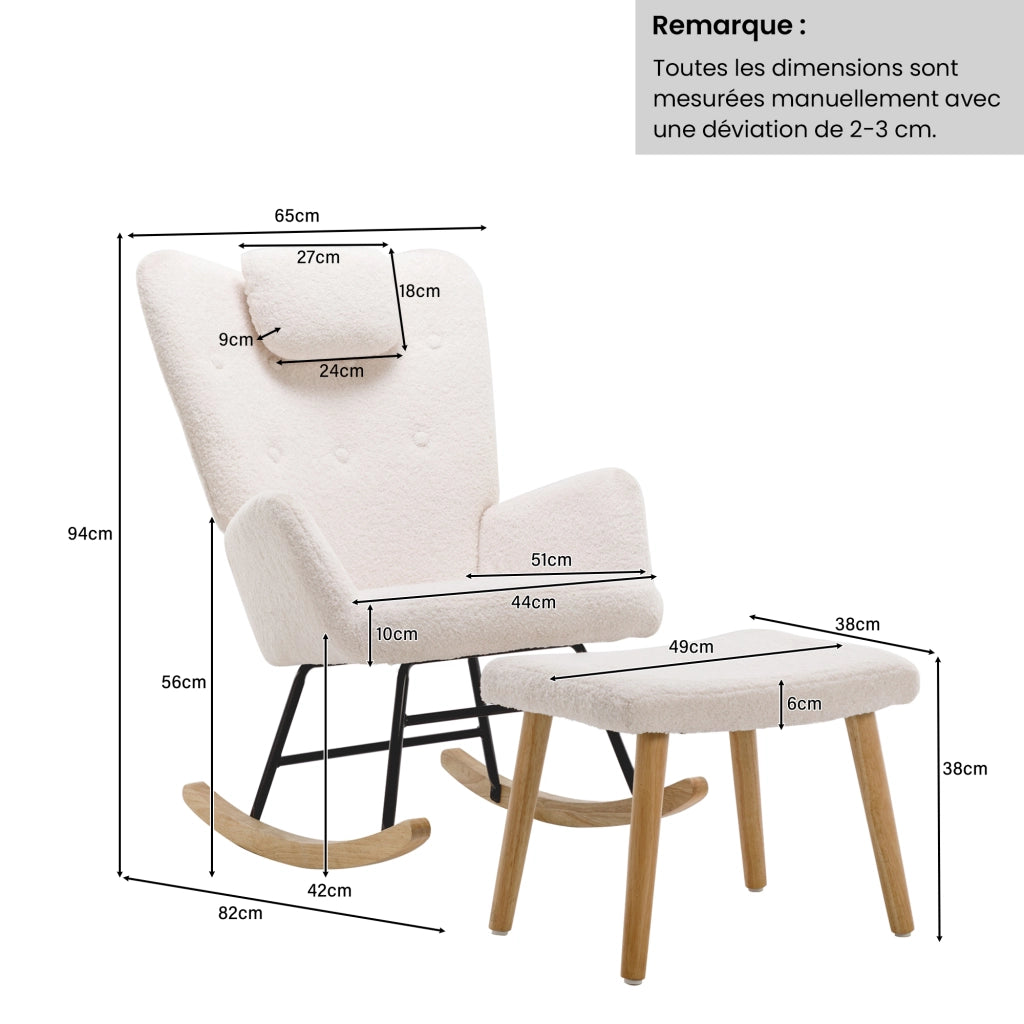 Poltrona a dondolo con poggiatesta e poggiapiedi design elegante per relax quotidiano in tessuto bouclé bianco