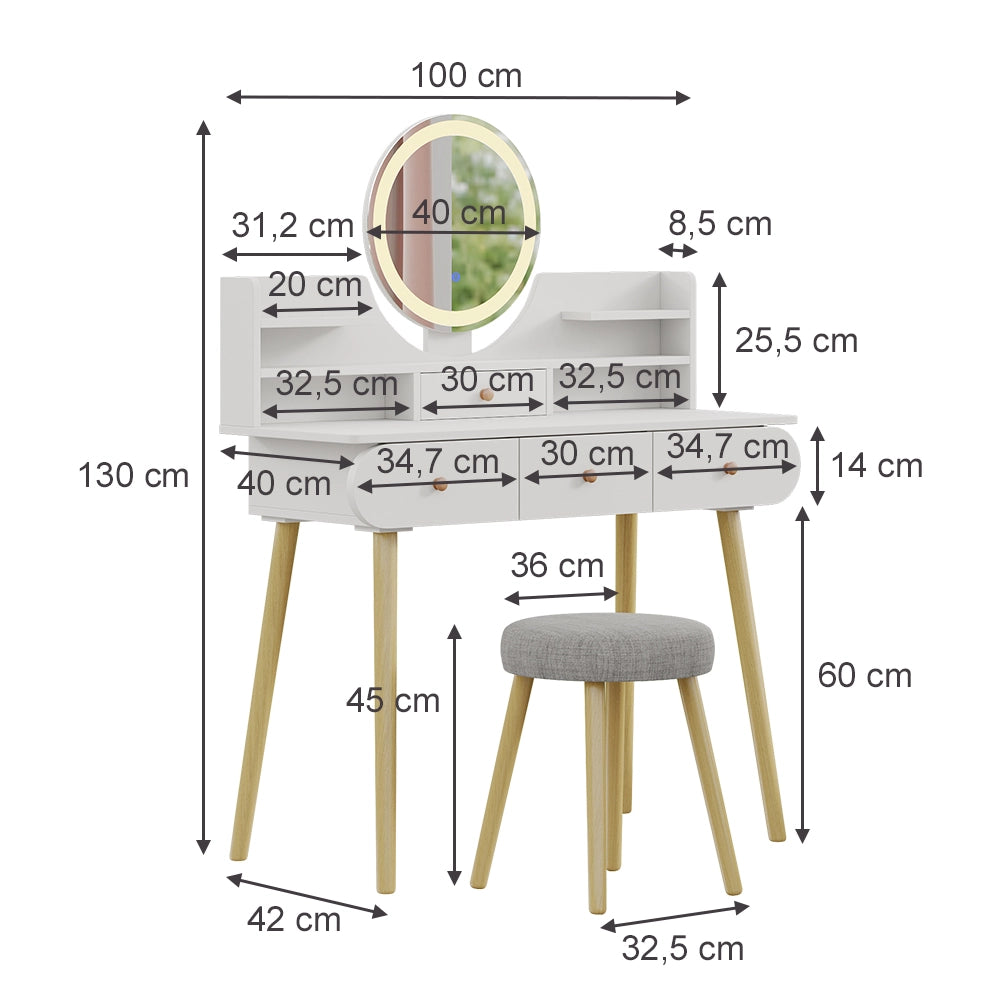 Vicco Tavolo da toilette Bianco 100 cm con specchio LED e sgabello