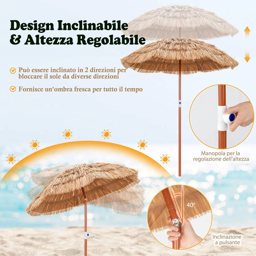 Ombrellone da Spiaggia di Paglia, Ombrellone da Giardino 175 cm con Borsa e Design Inclinabile, Ombrellone da Esterno Portatile per Spiaggia Giardino Balcone Mare