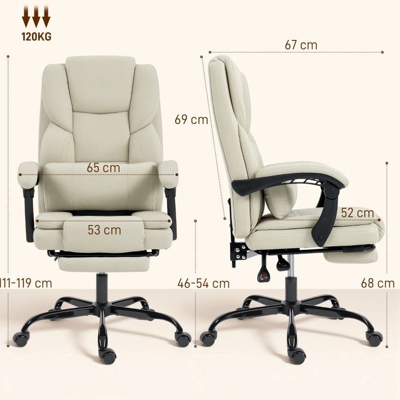 Sedia da ufficio beige in ecopelle resistente, con poggiapiedi regolabile e altezza adattabile