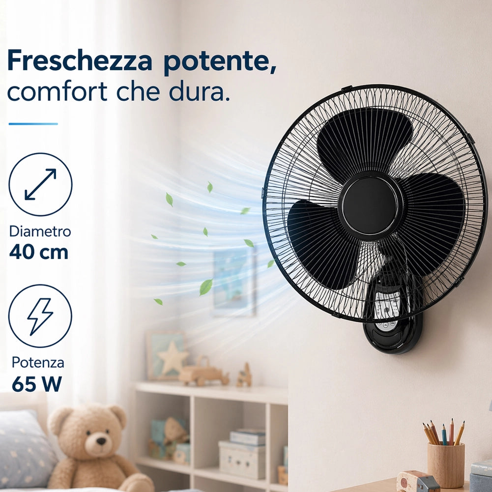 Ventilatore da Parete 40 cm con Telecomando Silenzioso 65W Oscillante Nero