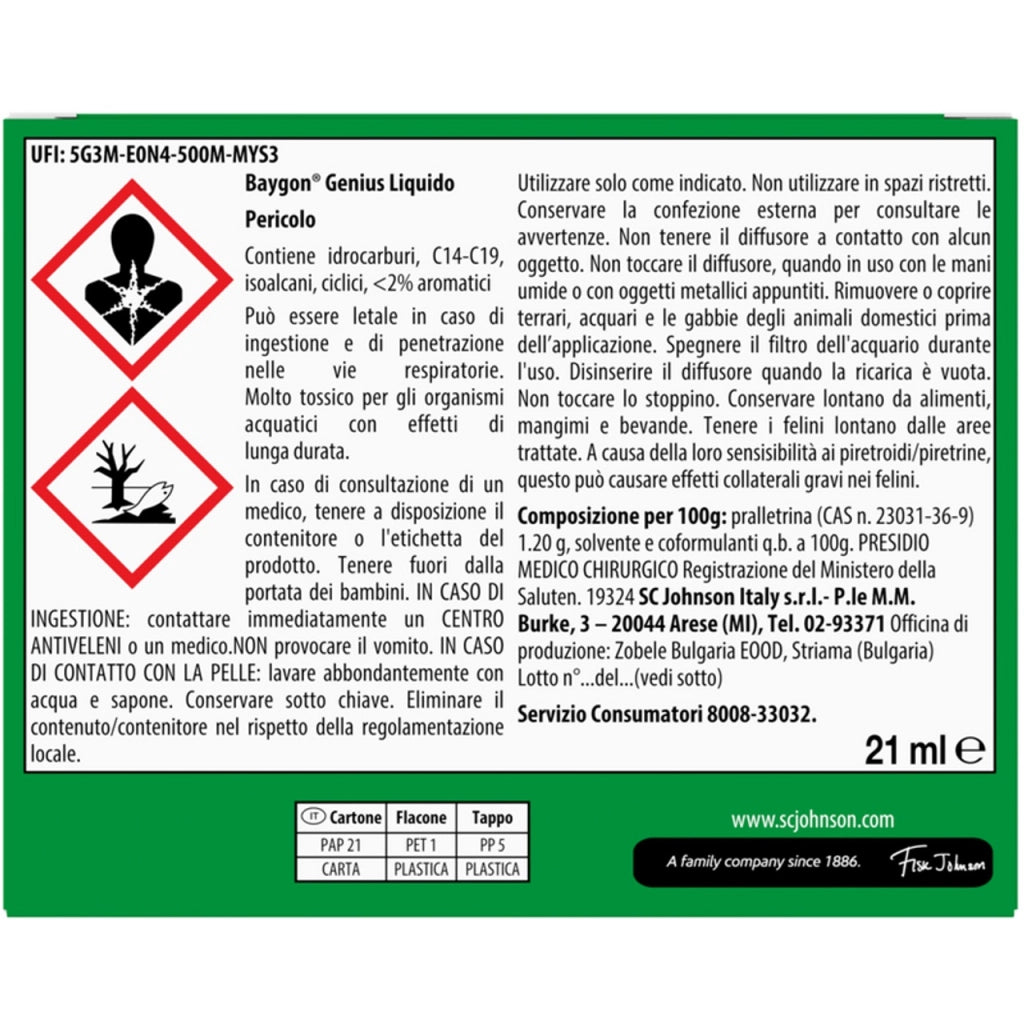 DIFFUSORE GENIUS LIQUIDO ANTIZANZARE 30 NOTTI.