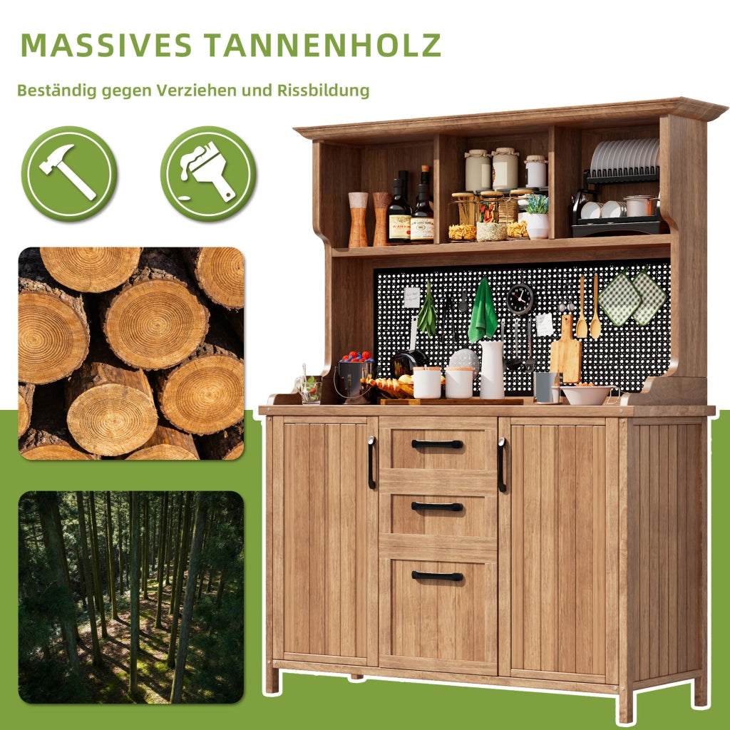 Armadio da giardino in legno; mobile per utensili da giardino in legno di abete massiccio – mobile in piedi con 3 cassetti; 3 scomparti; parete metallica perforata e mensole regolabili; per terrazza; balcone