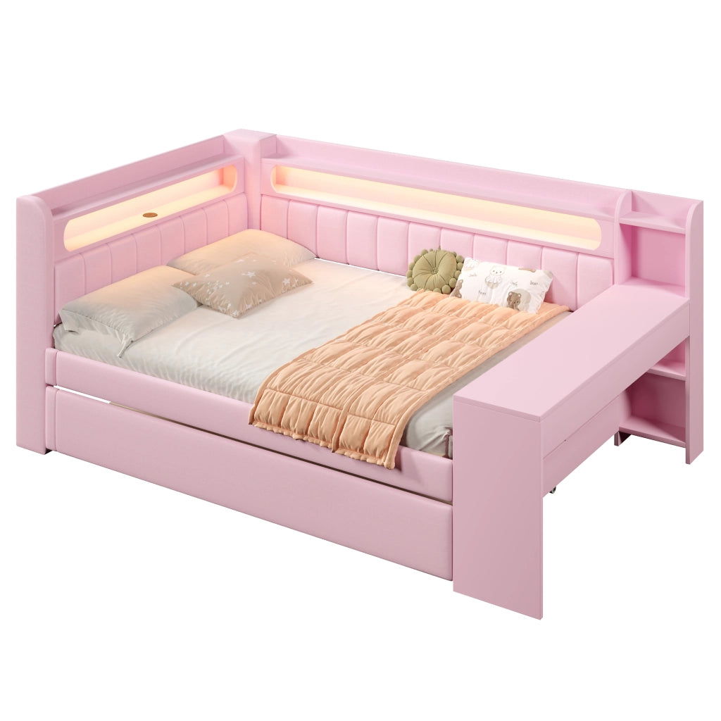 OKWISH Letto Divano Letto 3 Posti con USB, LED Regolabile, Scrivania e Letto Estraibile 140×200 cm e 90×190 cm, senza Materasso