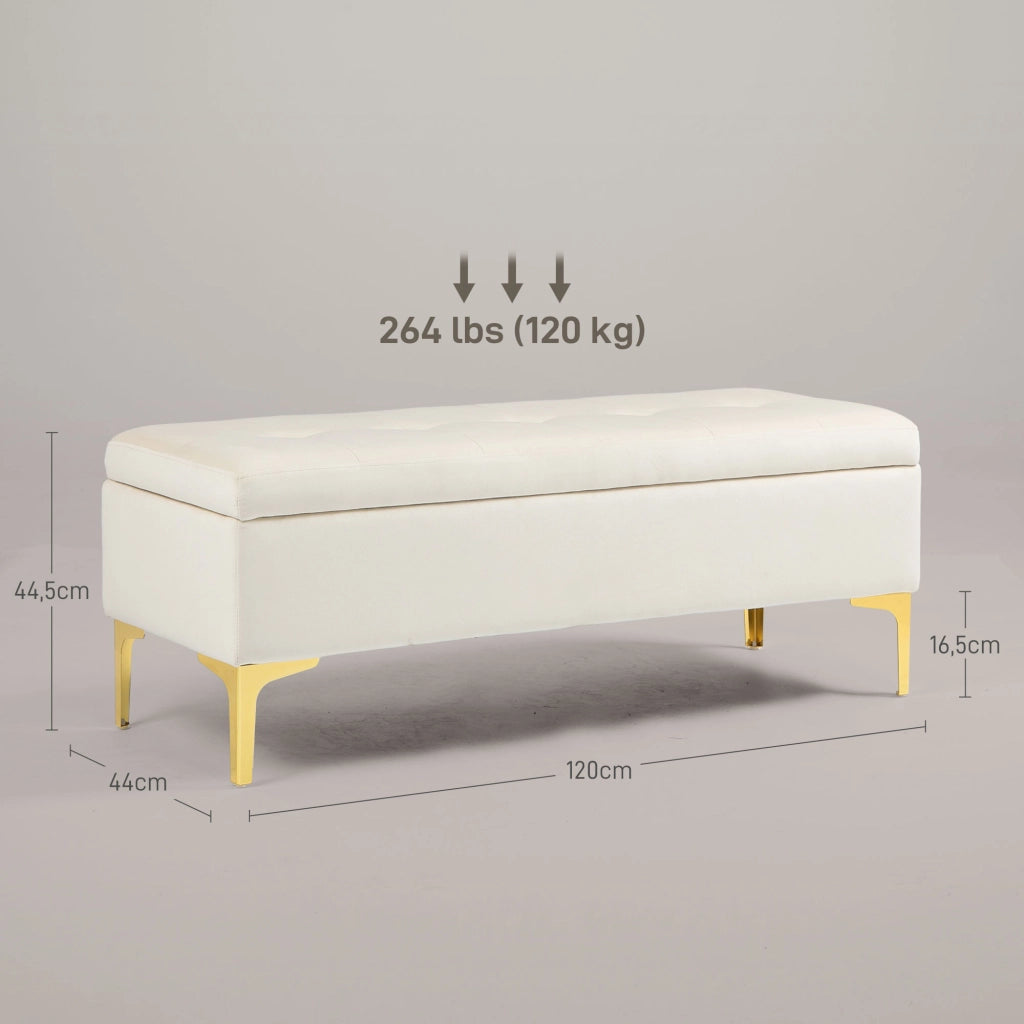 Panca contenitore imbottita con vano nascosto e gambe in metallo dorato, in poliestere beige 120 × 44 × 44,5 cm