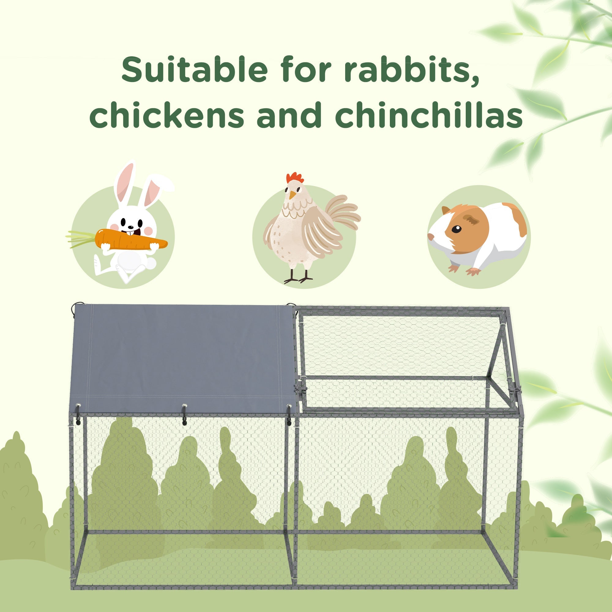 Gabbia per Conigli da Esterno 198x100x120 cm in Acciaio e Tessuto Oxford Verde e Argento