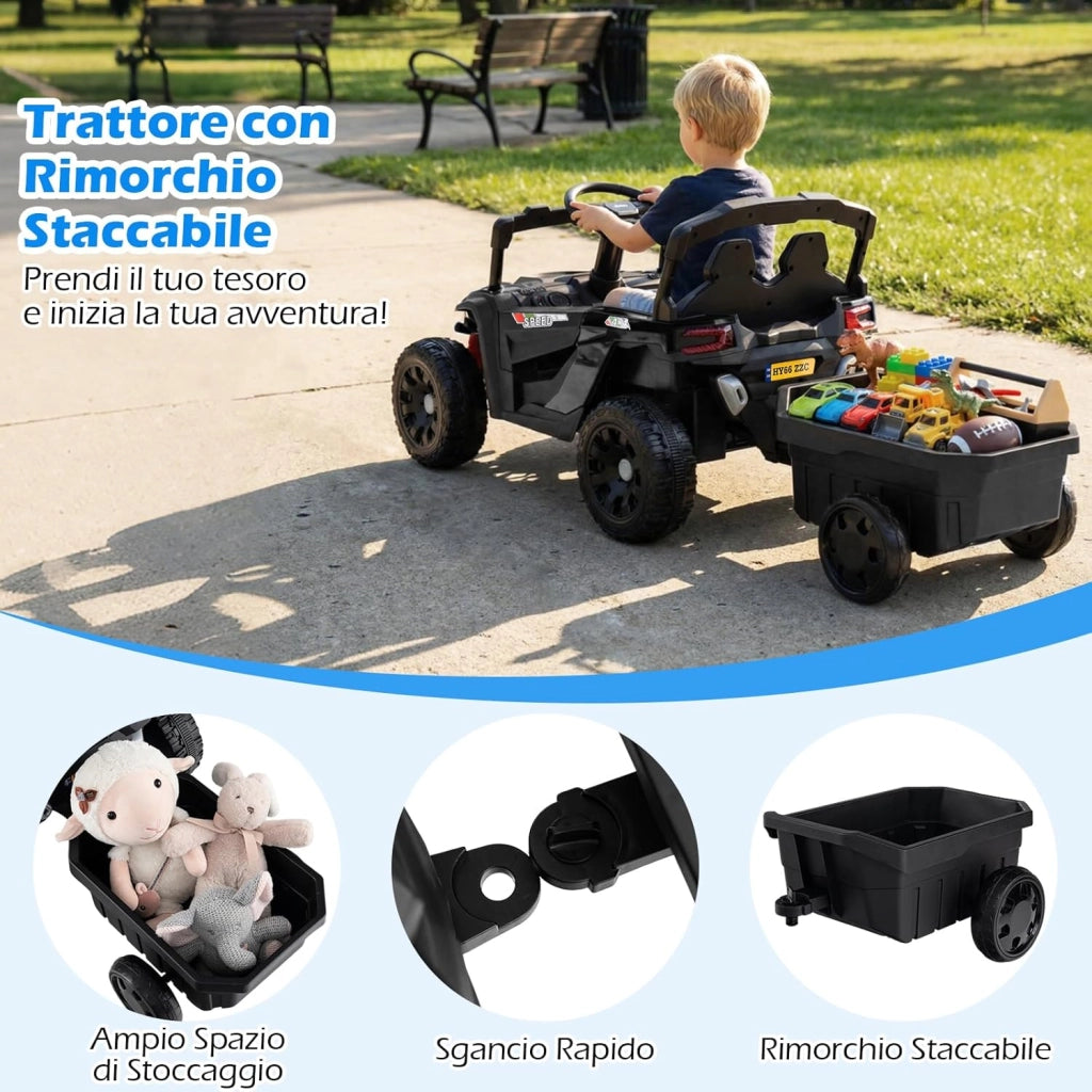 Macchina Elettrica per Bambini UTV con Rimorchio Staccabile, 12V Trattore con Telecomando, Sospensioni a Molla, Luci e Musica, Veicolo Elettrico per Bambini 3+ Anni (Nero)