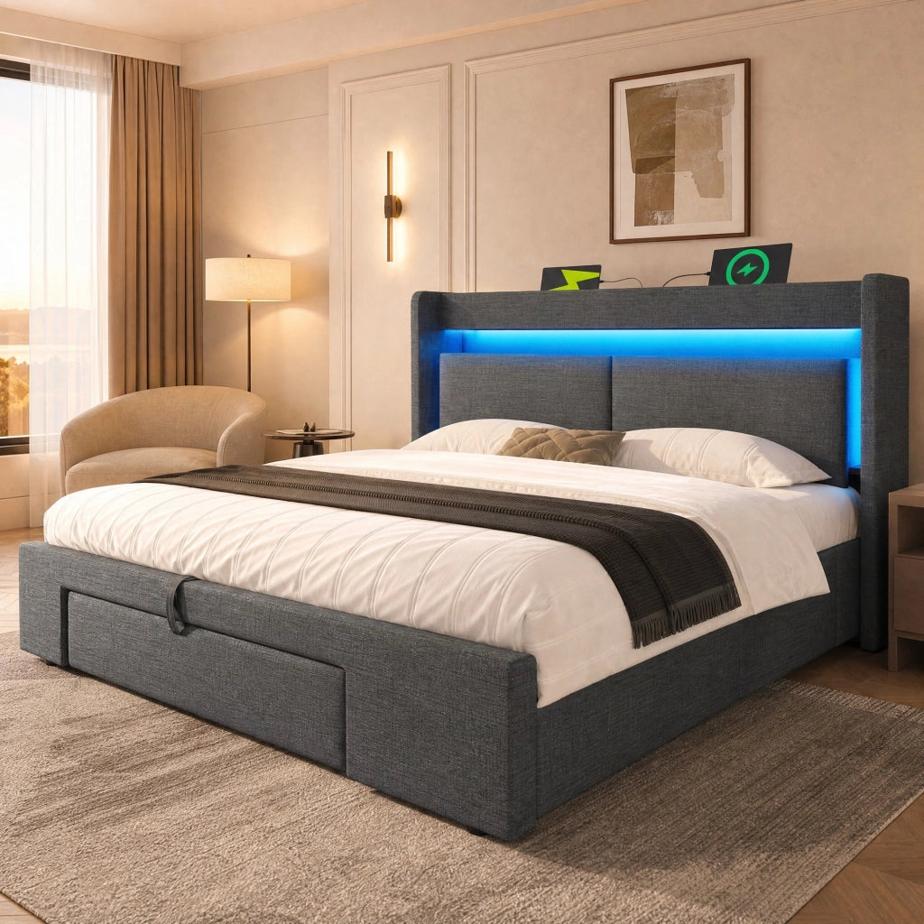 Letto imbottito 160x200 con LED, USB-C e vano contenitore