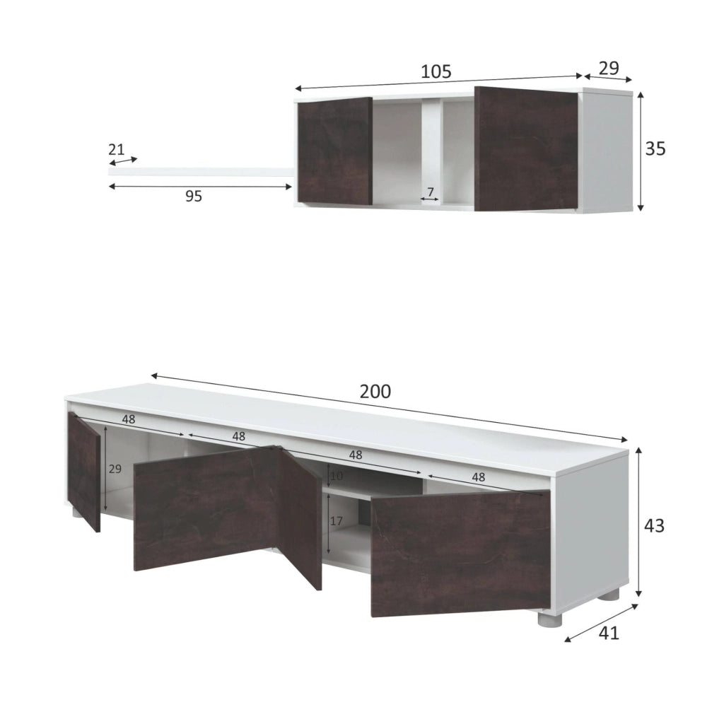 Mobile Soggiorno Amir, Parete Attrezzata Modulabile, 200x41x43h cm Bianco