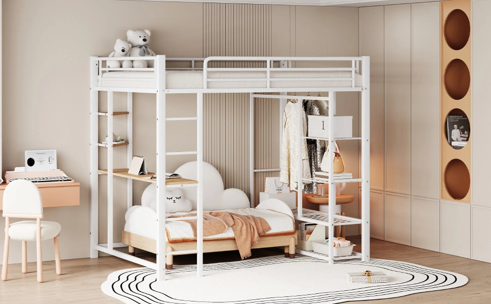 Letto a castello metallico bianco con scrivania e vani portaoggetti 140x200 cm