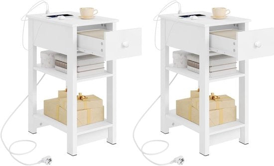 Set di 2 Cassetti Notturni con Funzione Ricarica - Piccola Tavola di Decorazione con 2 Prese e 2 Porte USB, Bianco, Moderno