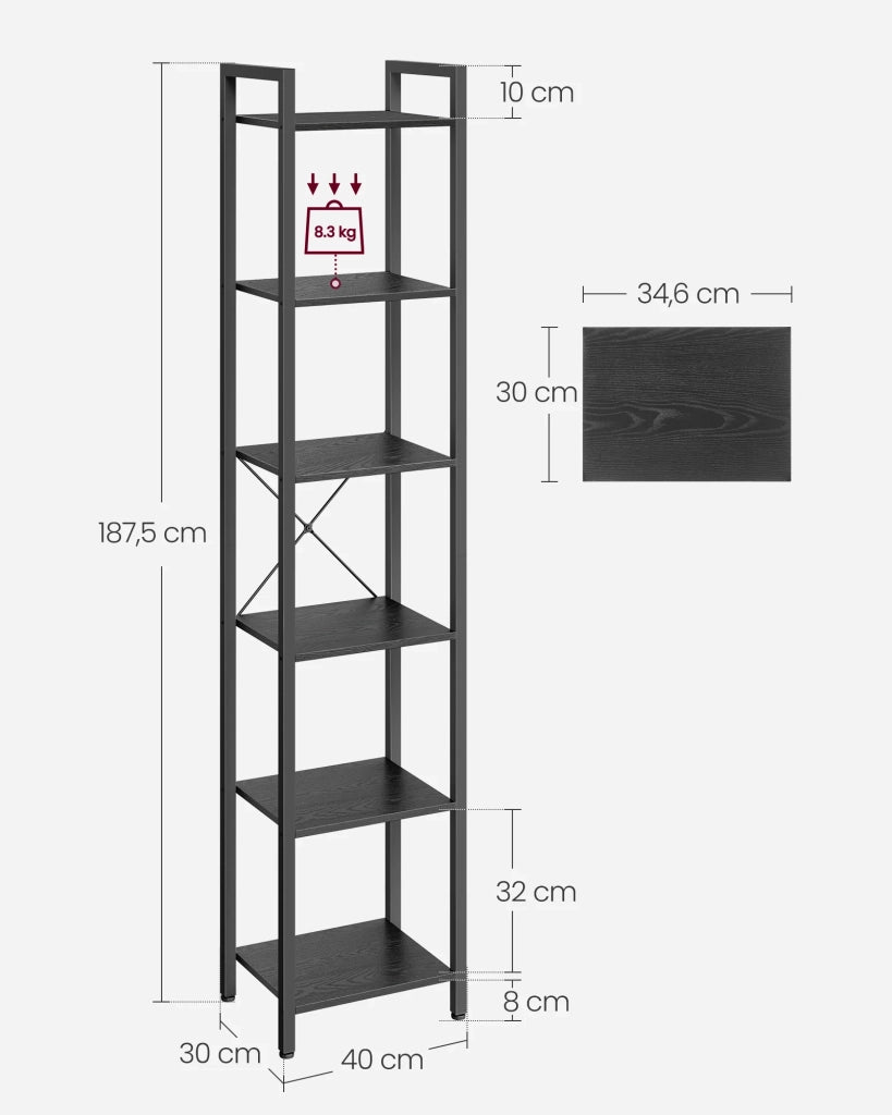Libreria a 6 ripiani mobile contenitore aperto per ufficio soggiorno camera da letto 40 x 30 x 178,6 cm nero 12_0004189