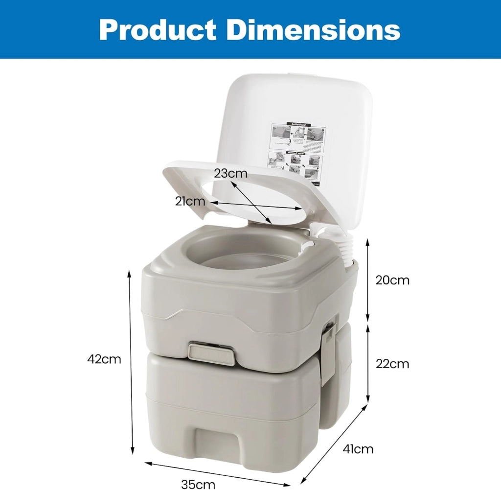 SOARS WC portatile da campeggio, WC portatile con pompa di risciacquo, serbatoio d'acqua 20 l + 10 l, carico 200 kg, altezza seduta 42 cm, imbuto telescopico, per campeggio, viaggio, auto, grigio