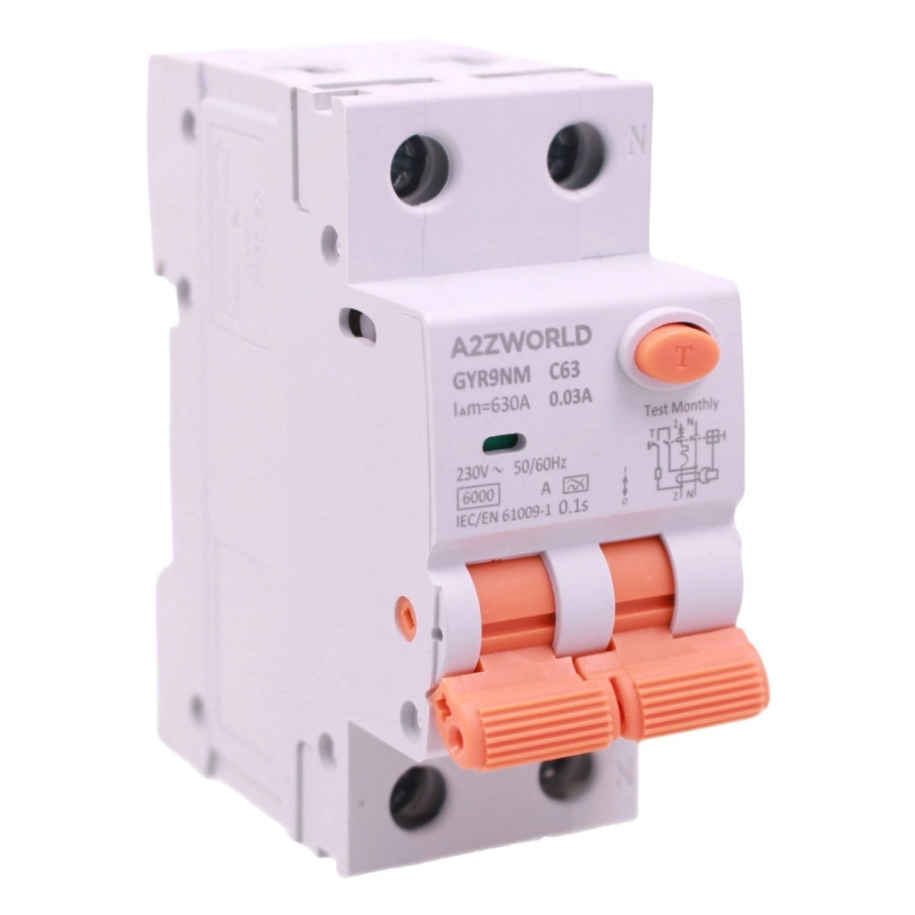 RCBO Doppia Leva, Interruttore Magnetotermico Differenziale Tipo A Curva C 1P+N 2M 6000A 30mA AC 230V IP20 IEC61009-1 GYR9NM, Disponibili 40A 50A 63A (C63A)