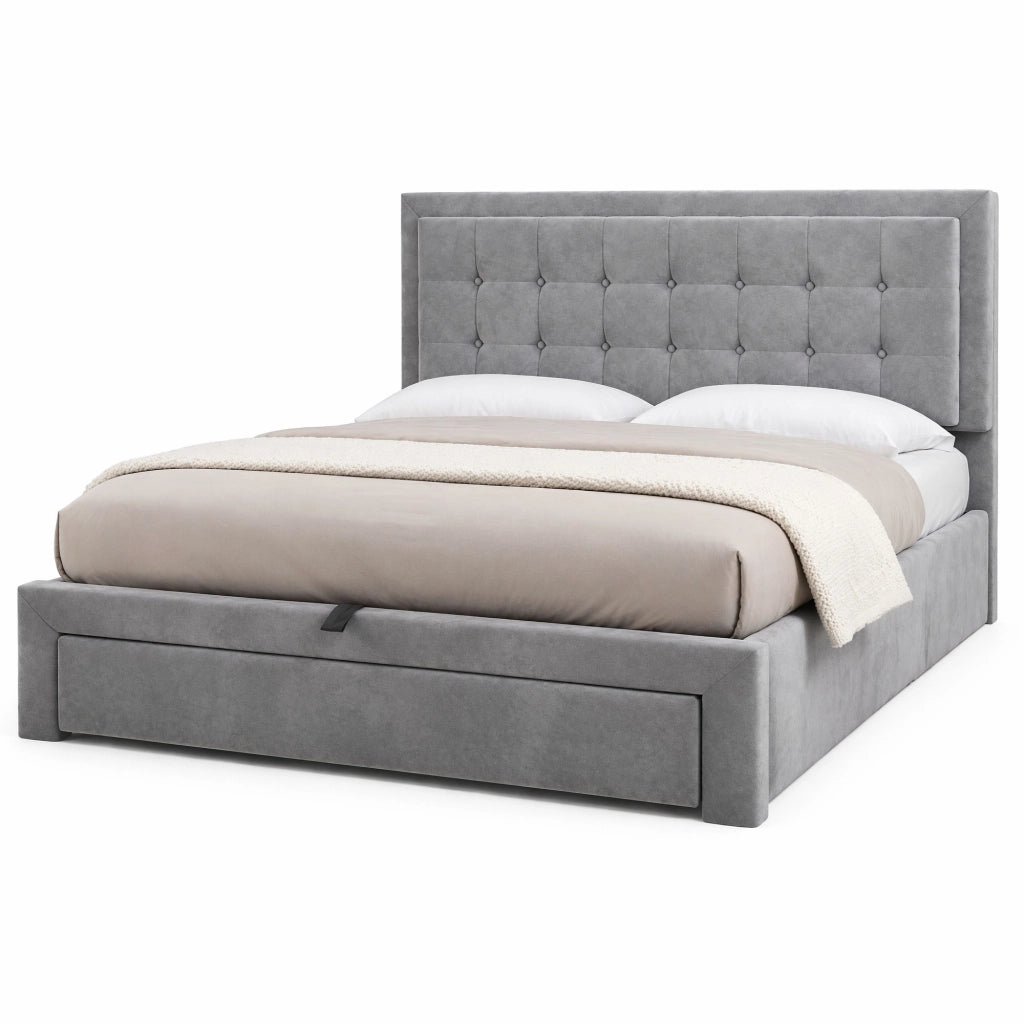 Letto matrimoniale imbottito con contenitore e cassetti; testiera regolabile in velluto grigio 140 x 200 cm
