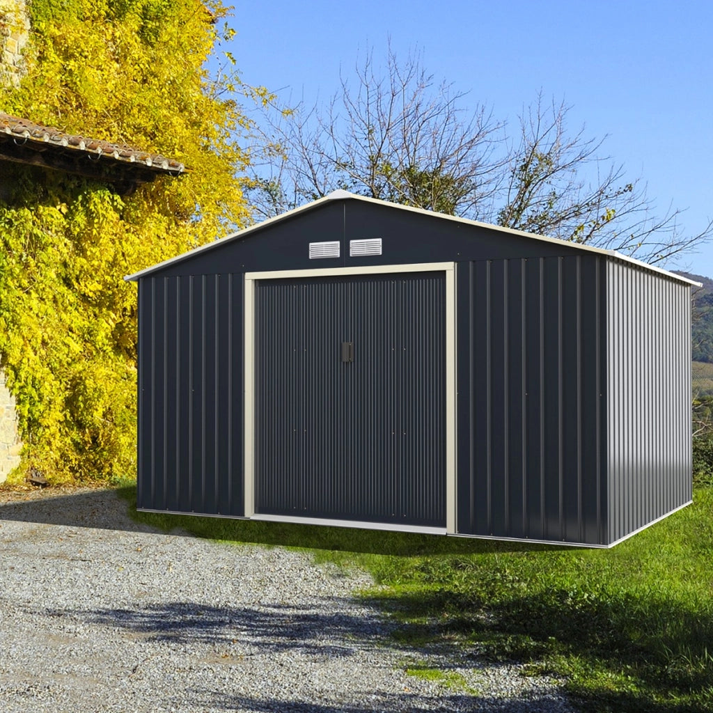 Capanno degli attrezzi di metallo con 4 sfiati e ante singole scorrevoli, Casetta da giardino 340x255x210cm-Casette da giardino