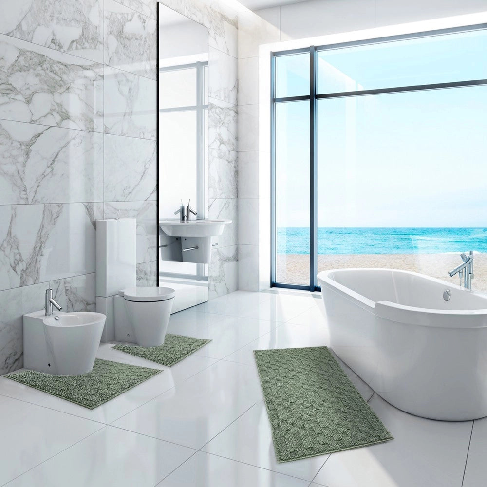 Tappeto Bagno 3D Morbido Assorbente Antiscivolo Lavabile Scendiletto Camera Set 3 Pezzi Verde