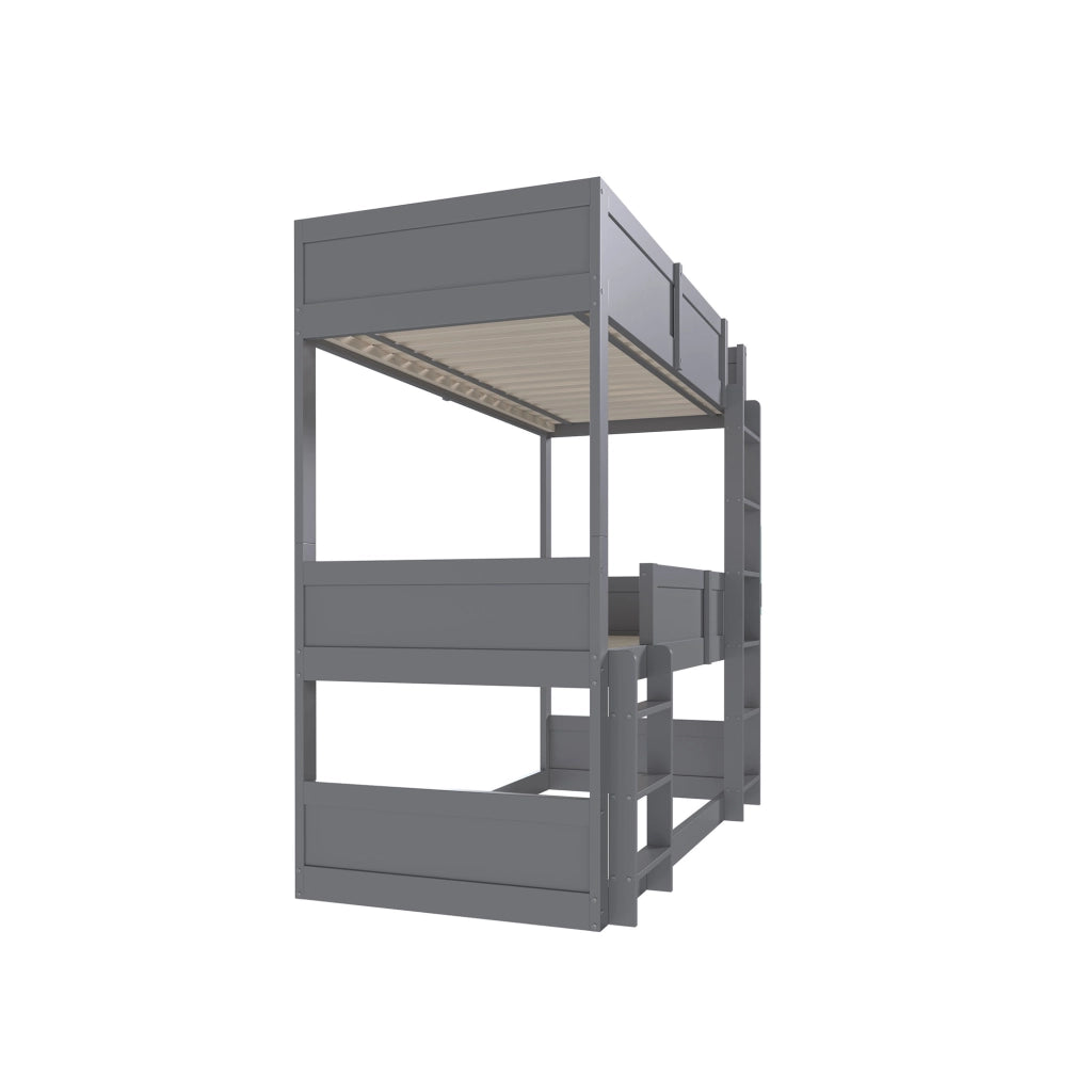 Letto a castello grigio in legno massello 90x200 cm con tre piani e parapetto alto