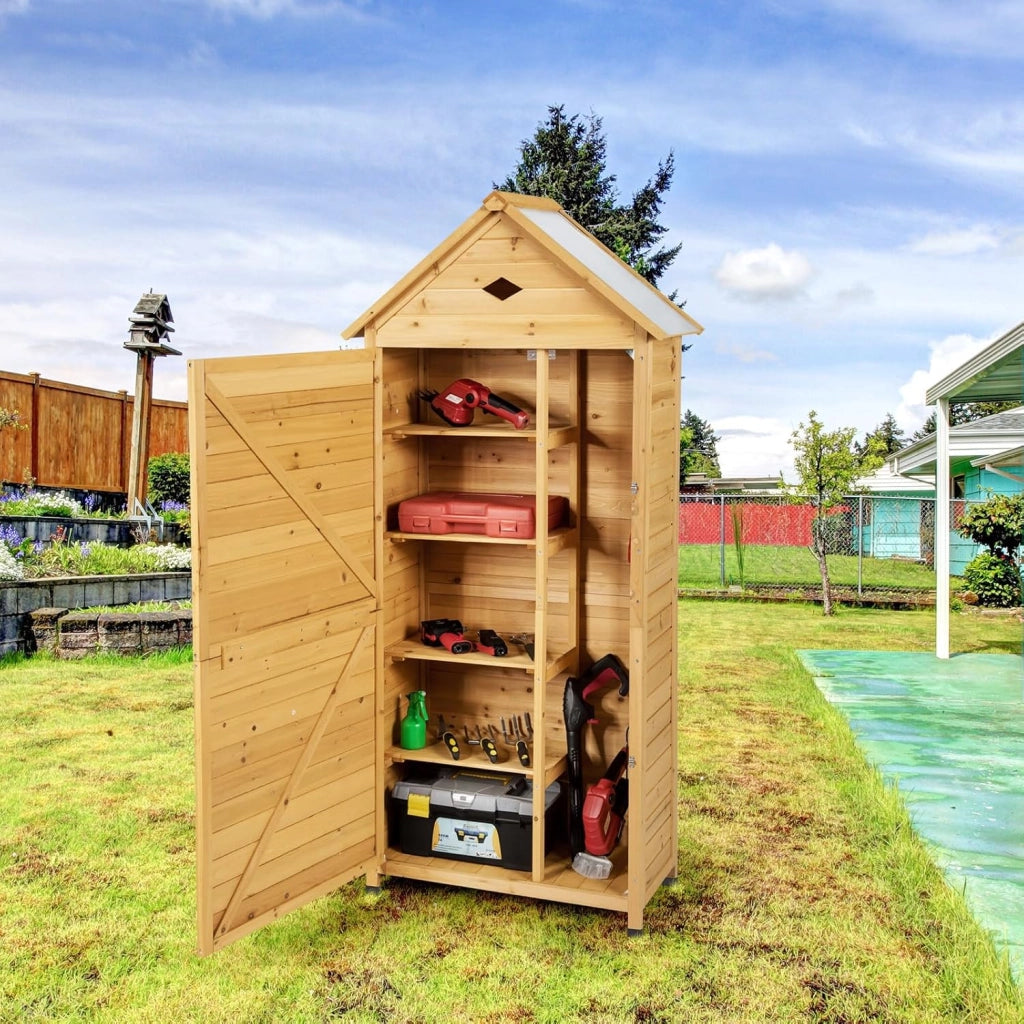 Casetta da Giardino in Legno, Capanno per Attrezzi per Esterno con 4 Ripiani e 1 Armadio, Resistente alle Intemperie con Ante Bloccabili, Capanno da Giardino 80 x 35 x 176,5 cm