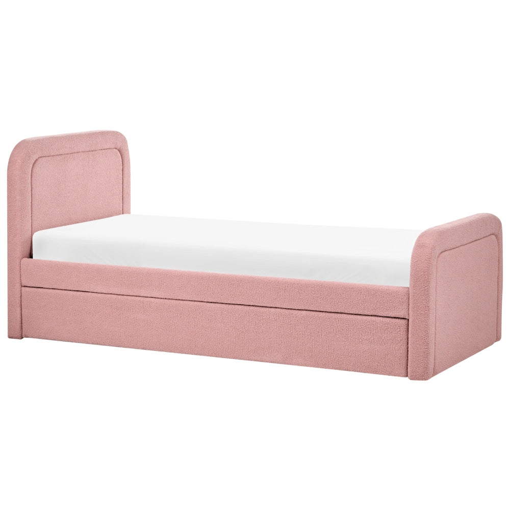 Letto singolo con secondo letto a scomparsa in tessuto Boucle 90 x 200 cm con rete a doghe rivestimento trapuntato rosa camera da letto cameretta